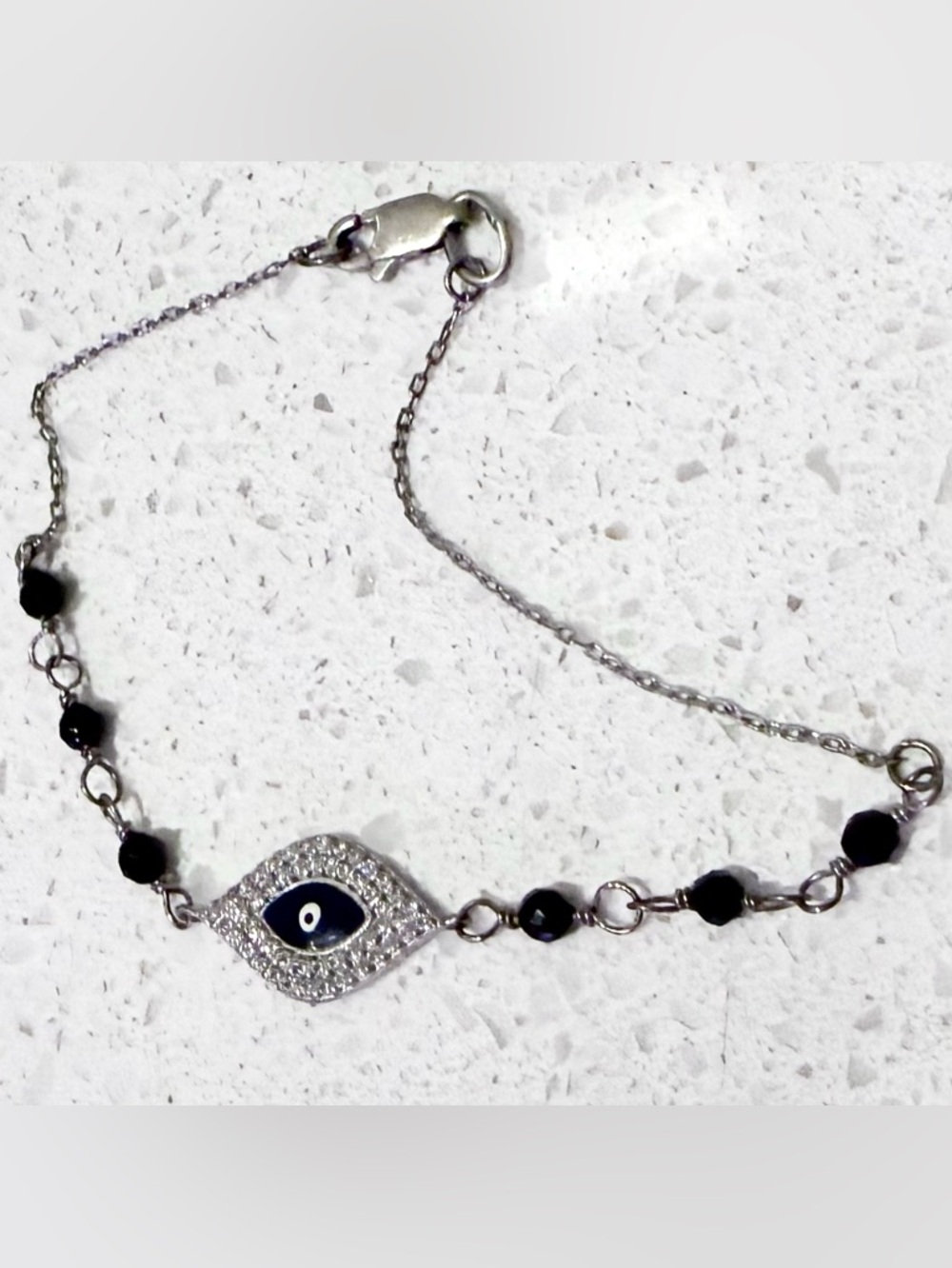 .925 Sterling Silver Cubic Zirconia (CZ) Enamel Evil Eye Bracelet Faceted Beads
